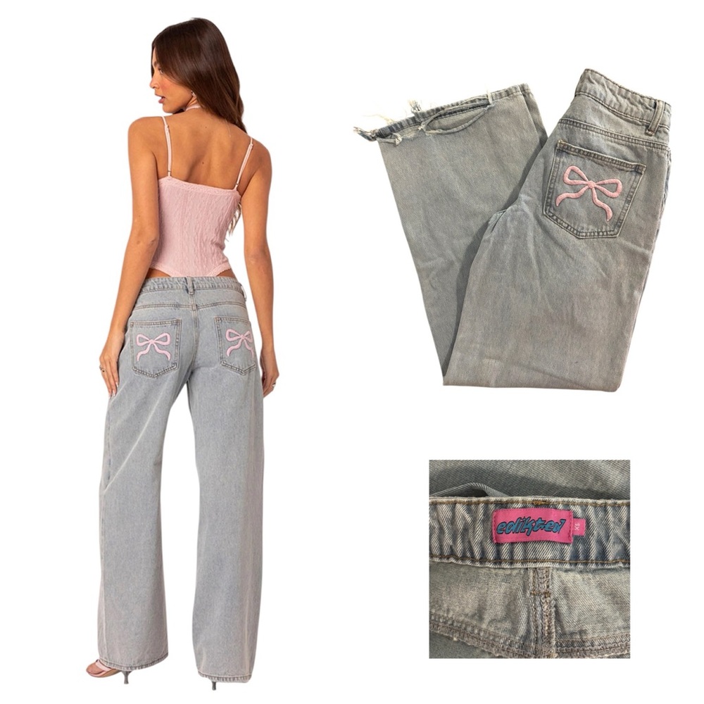 Edikted Bow Pocket Wide Leg Jeans
